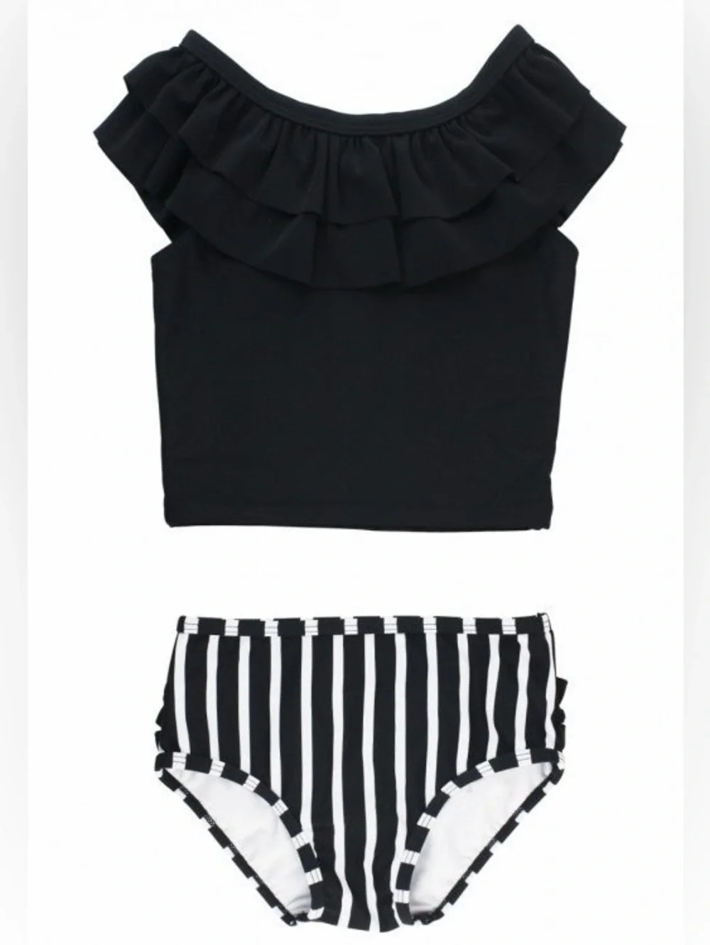 NWT Rufflebutts Baby Girl Black & White Stripe Ruffled Tankini, Size: 3-6M